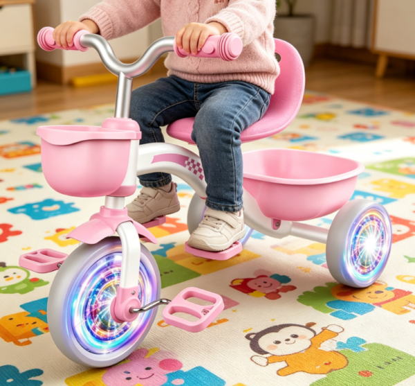 Pink Toddler Tricycle | Three position Adjustable Seat | Three color Light up Wheels | Double Baskets | Suitable for Girls Aged 1 5 | Outdoor Toy Birthday Gift